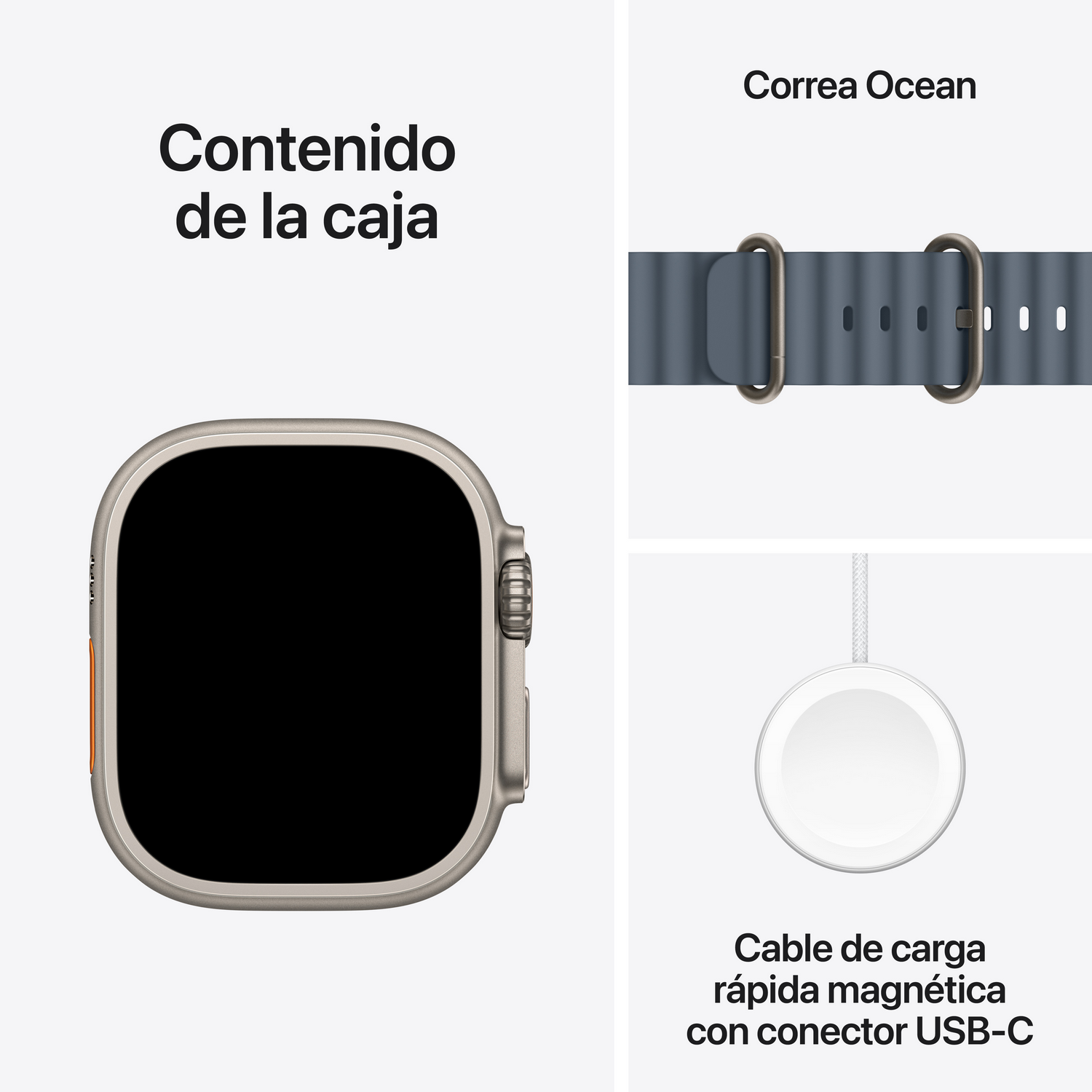 La imagen muestra el Apple Watch Ultra, la correa Ocean y el cable de carga rápida magnética.
