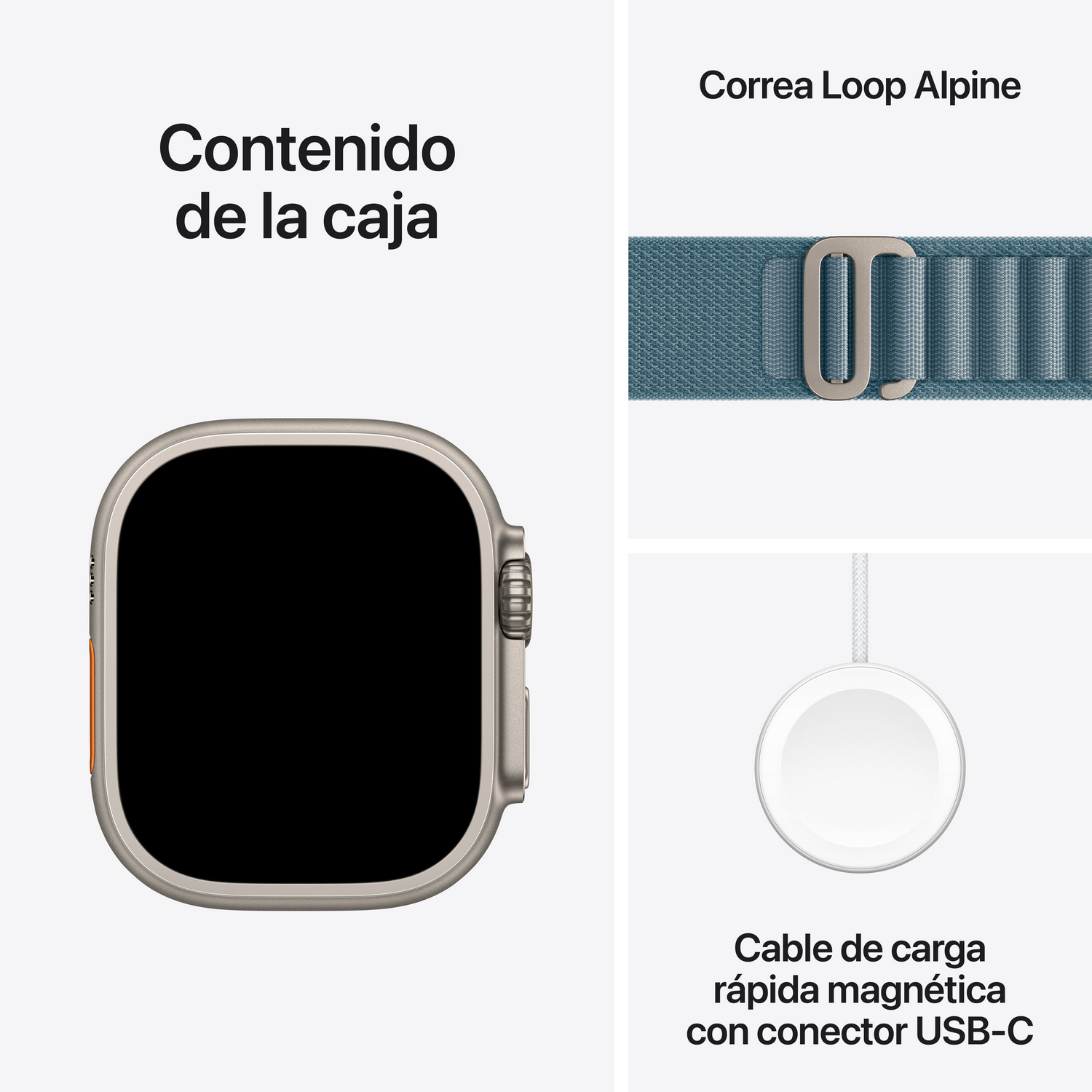 Un Apple Watch, una correa Loop Alpine y un cable de carga magnético con conector USB-C se muestran sobre un fondo blanco.