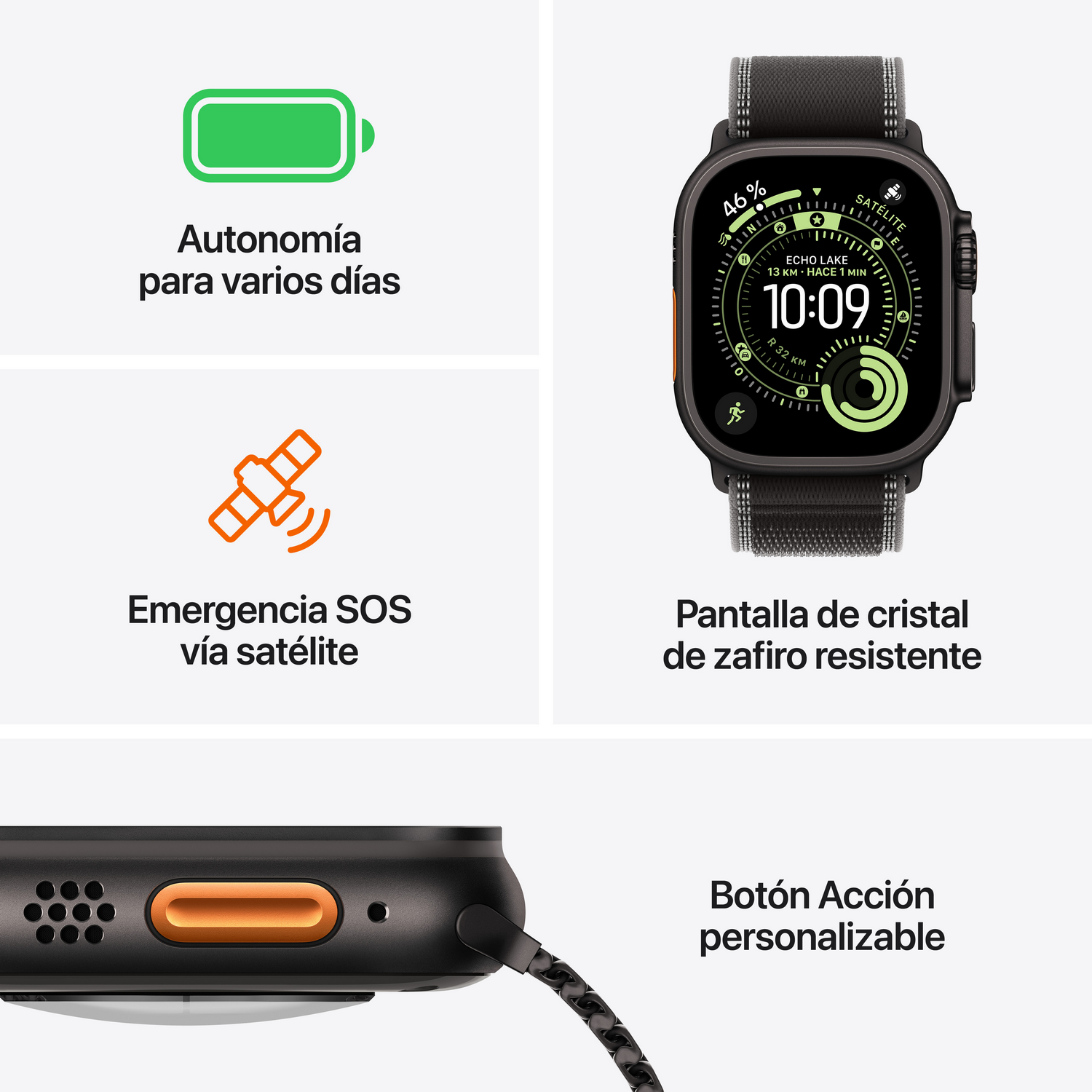 Un reloj inteligente negro con pantalla digital que muestra la hora y otros datos. Tiene una correa negra y un botón naranja en el lateral.