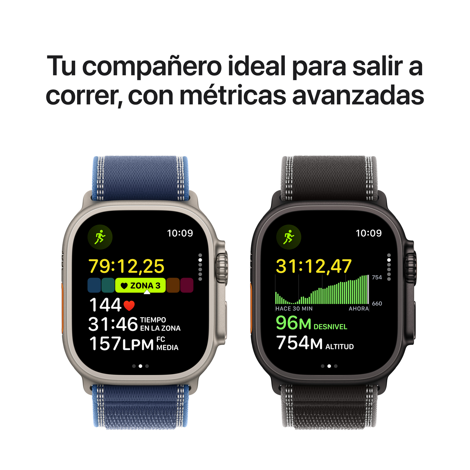 Dos smartwatches mostrando métricas de carrera. Uno tiene una banda azul, el otro una banda negra. El texto superior dice: 'Tu compañero ideal'.