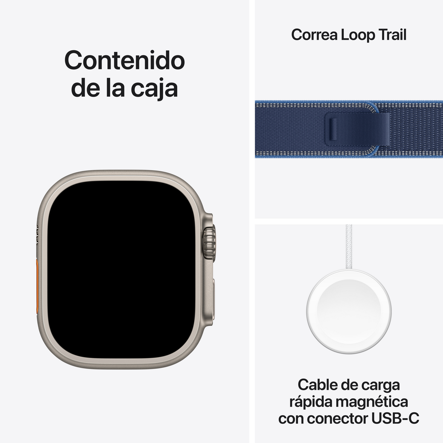 Un reloj con pantalla negra, correa azul y cable de carga magnético blanco se muestran.