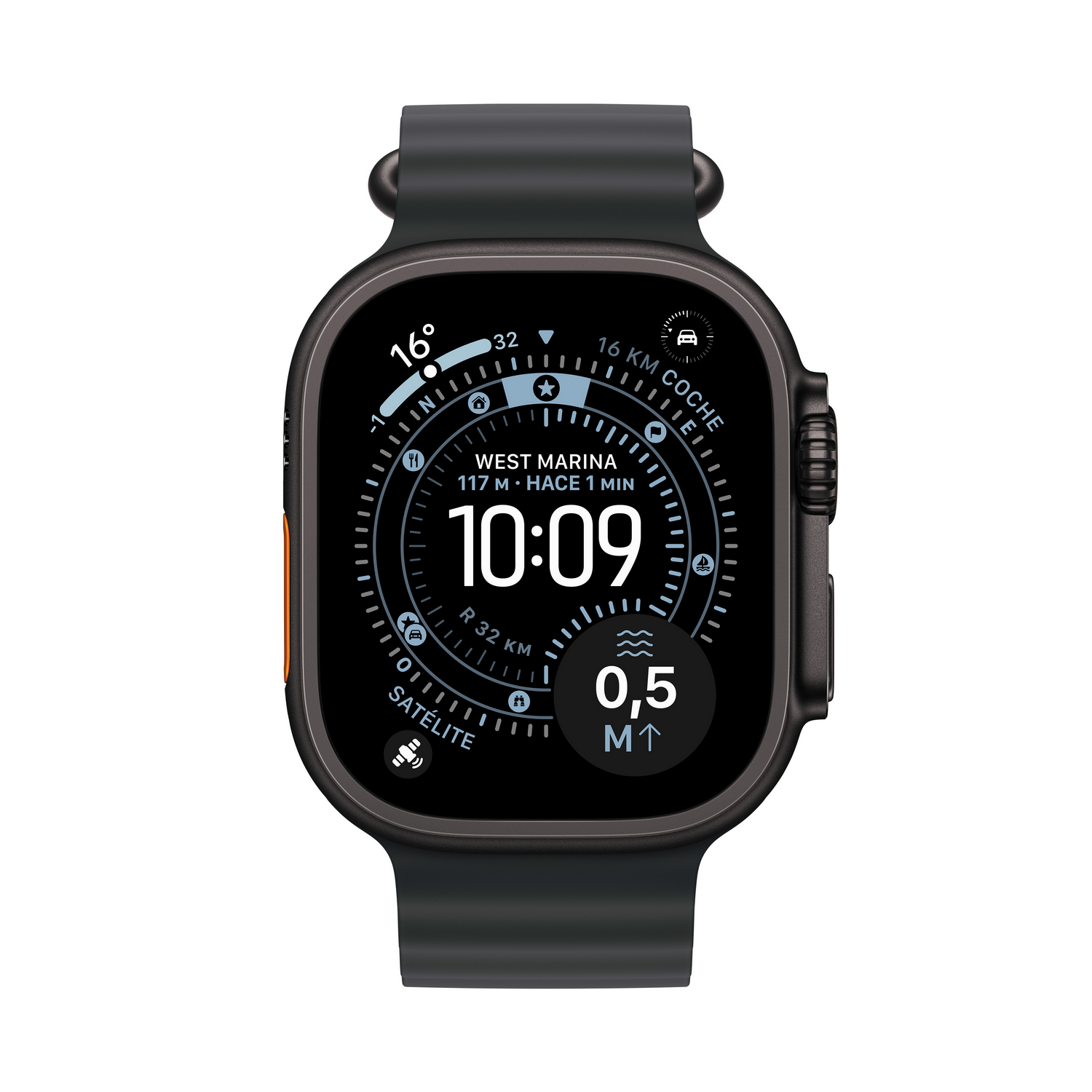 Un Apple Watch Ultra negro muestra la hora, 10:09, y otros datos como la temperatura, la distancia y la ubicación sobre un fondo blanco.