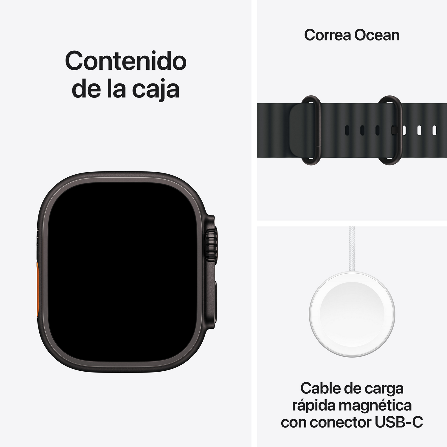 La imagen muestra un reloj inteligente, una correa y un cargador. El texto dice 'Contenido de la caja', 'Correa Ocean' y 'cargador magnético'.
