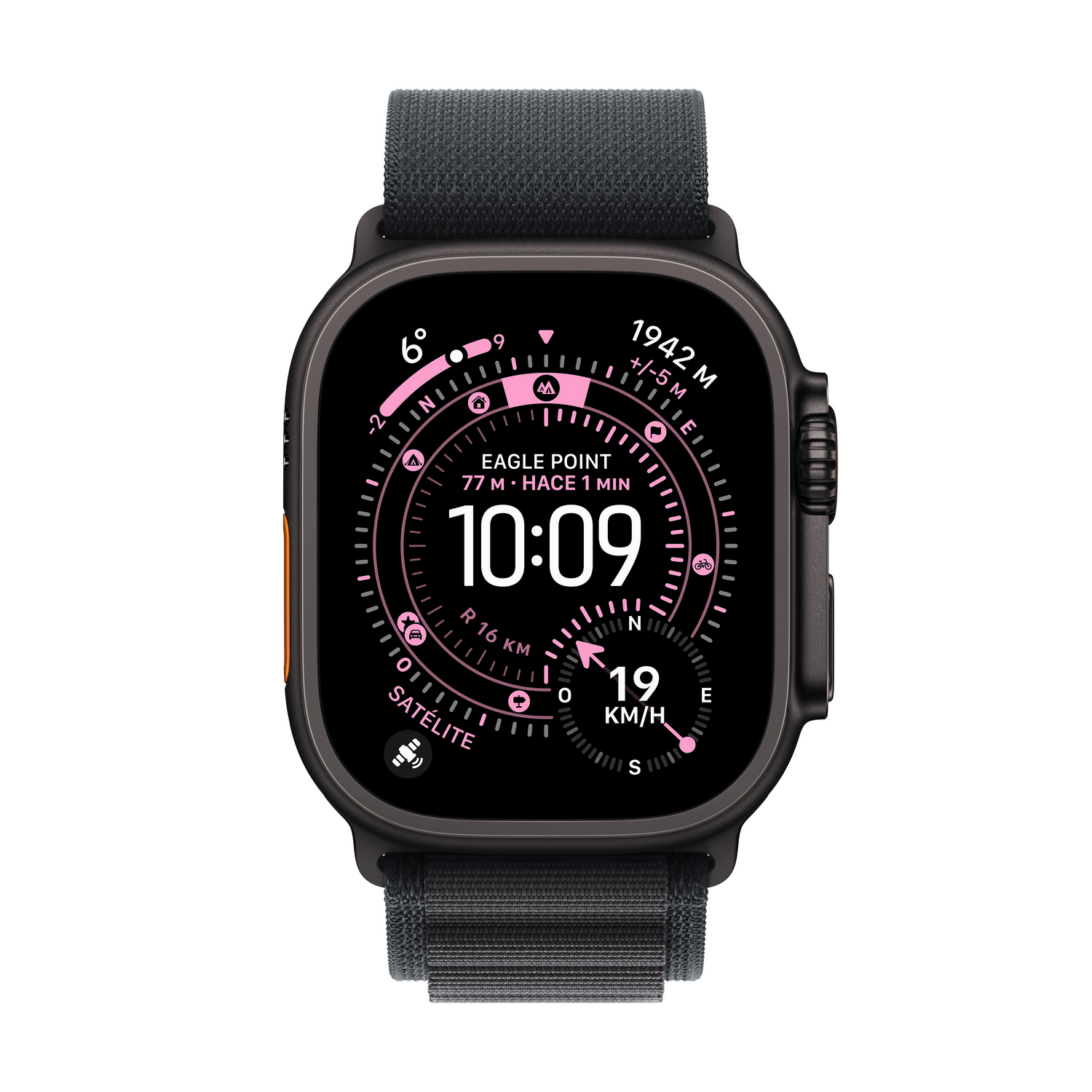 Un reloj inteligente negro con una correa gris muestra datos de tiempo, velocidad y altitud en una pantalla negra con detalles rosas.