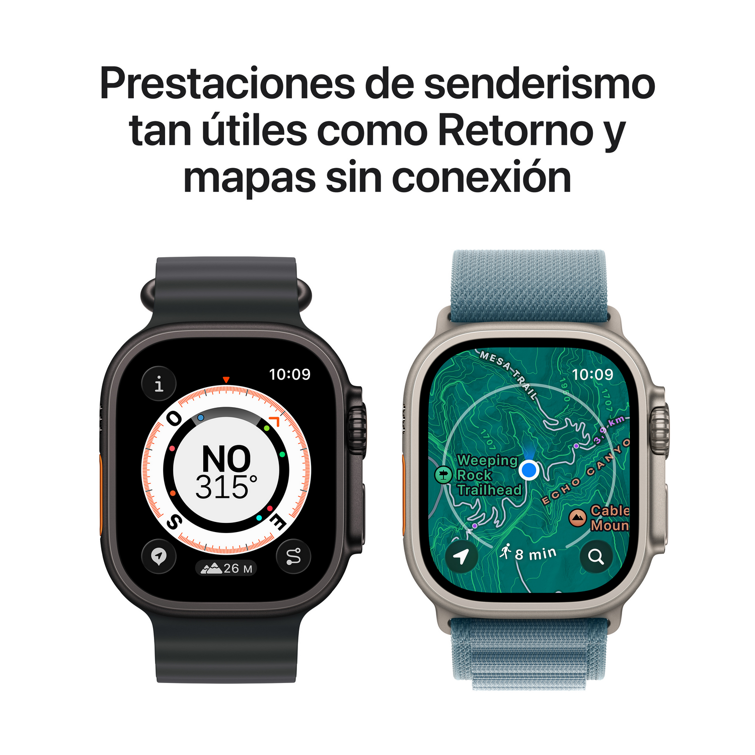 Dos smartwatches mostrando navegación y compás. Uno muestra una brújula, el otro un mapa. Texto: Funciones de senderismo.