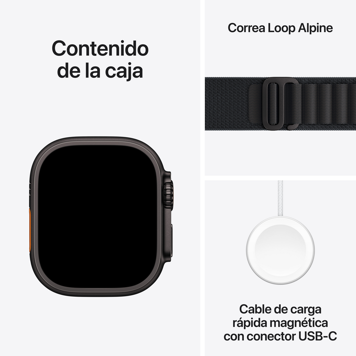 Un Apple Watch, una correa Alpine Loop y un cable de carga magnético con conector USB-C se muestran sobre un fondo blanco.