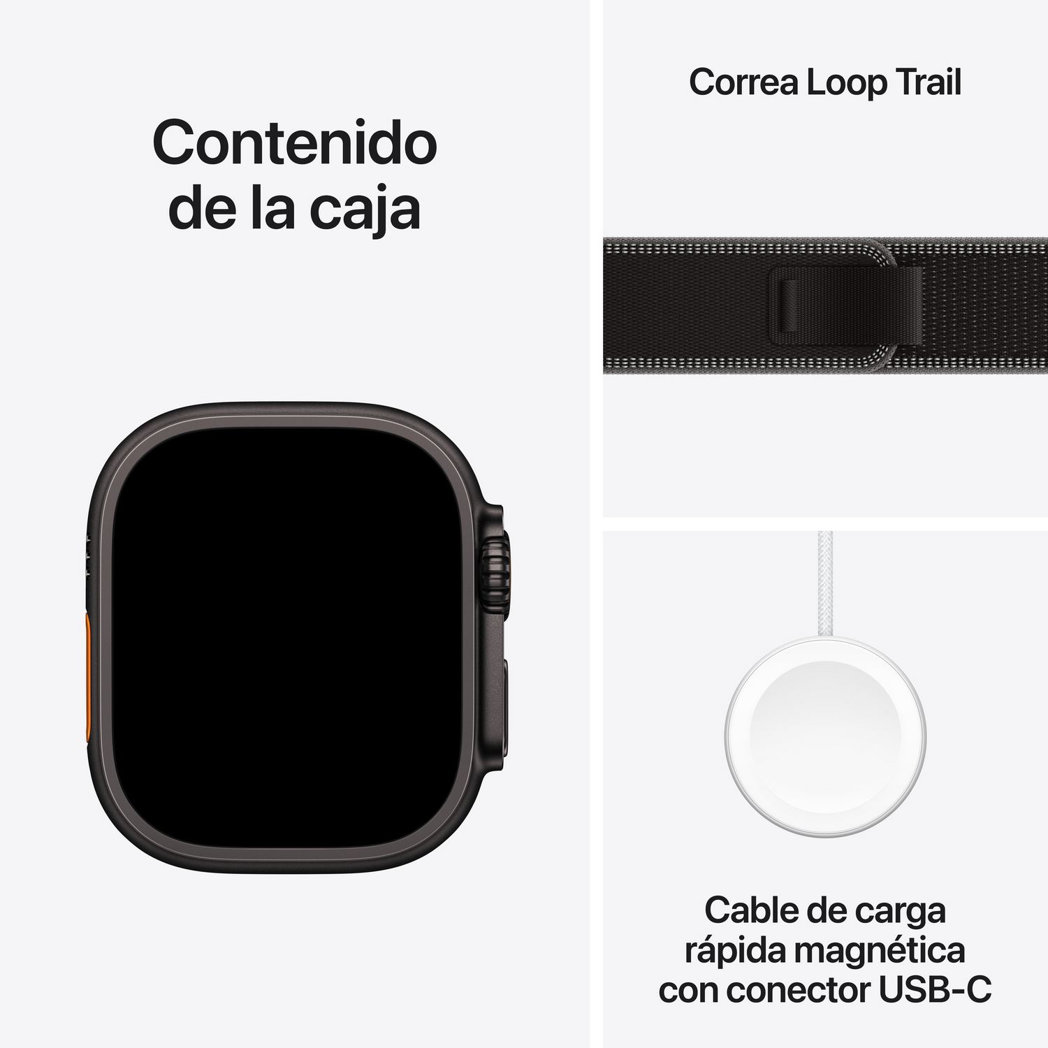 La imagen muestra el contenido de una caja: un reloj inteligente, una correa y un cable de carga magnético con conector USB-C.