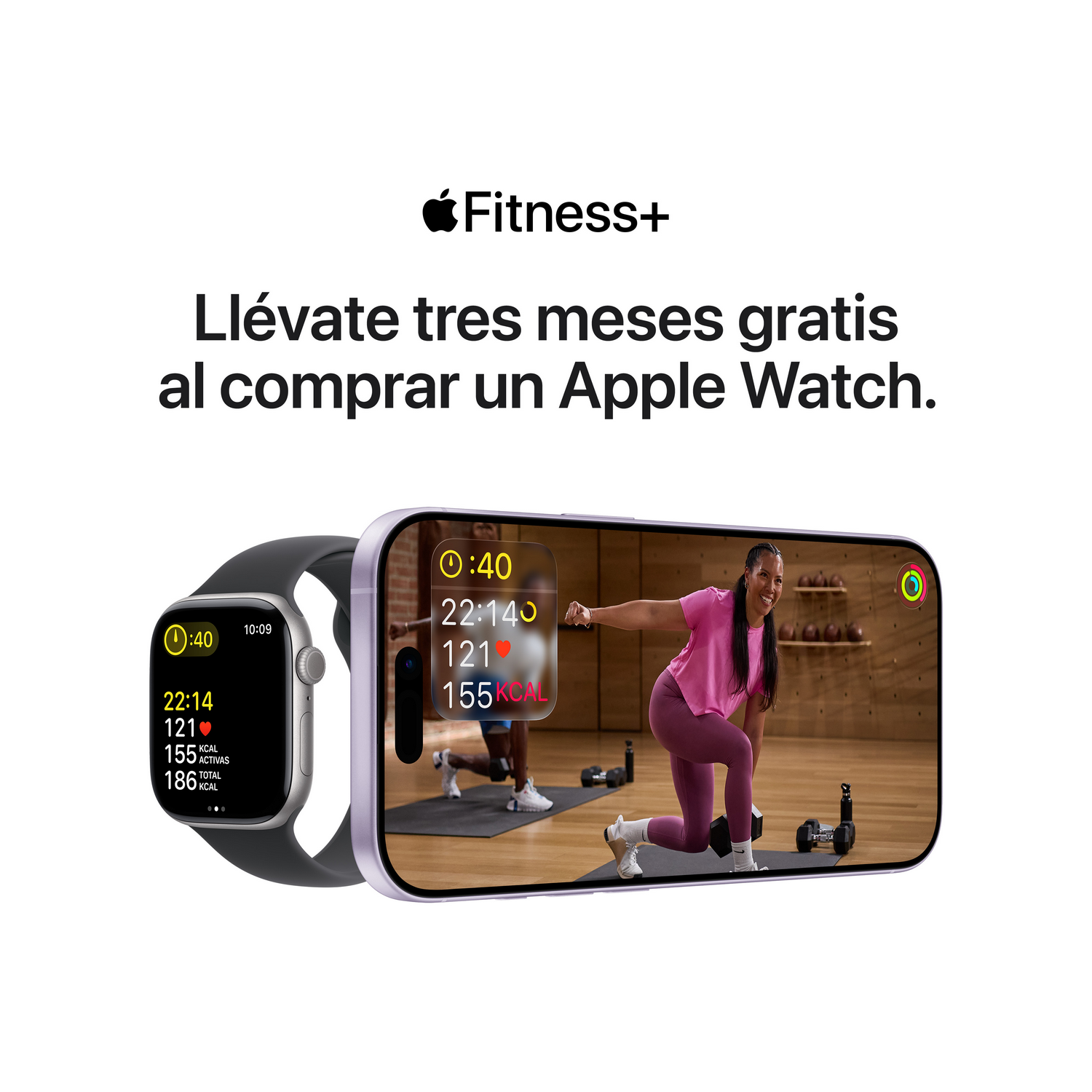 Un Apple Watch y un iPhone muestran datos de fitness. Una mujer hace ejercicio con pesas en la pantalla del teléfono. Texto dice 'Fitness+' y promoción.