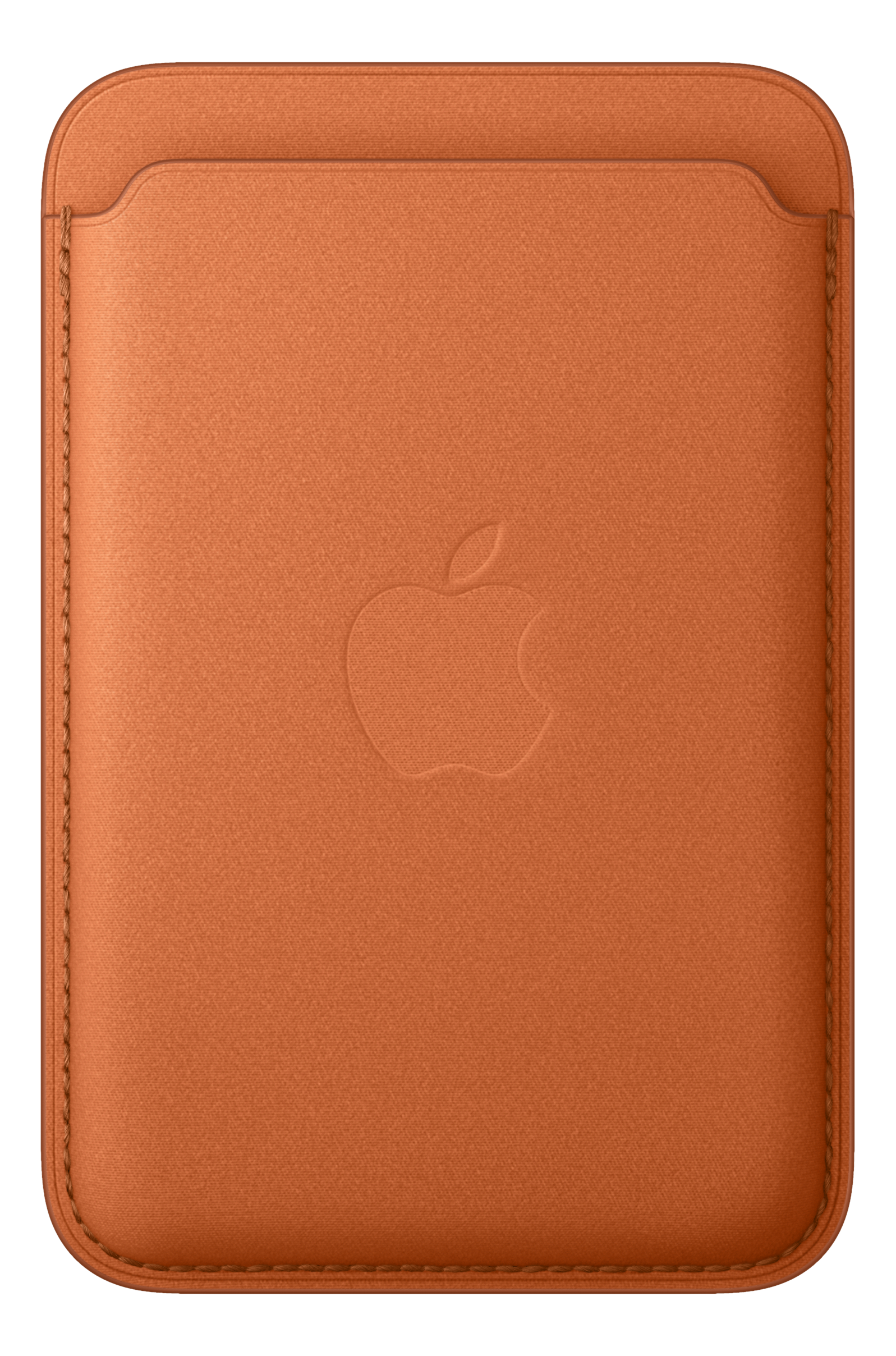Un porta carte in pelle arancione con logo Apple in rilievo, su sfondo nero.