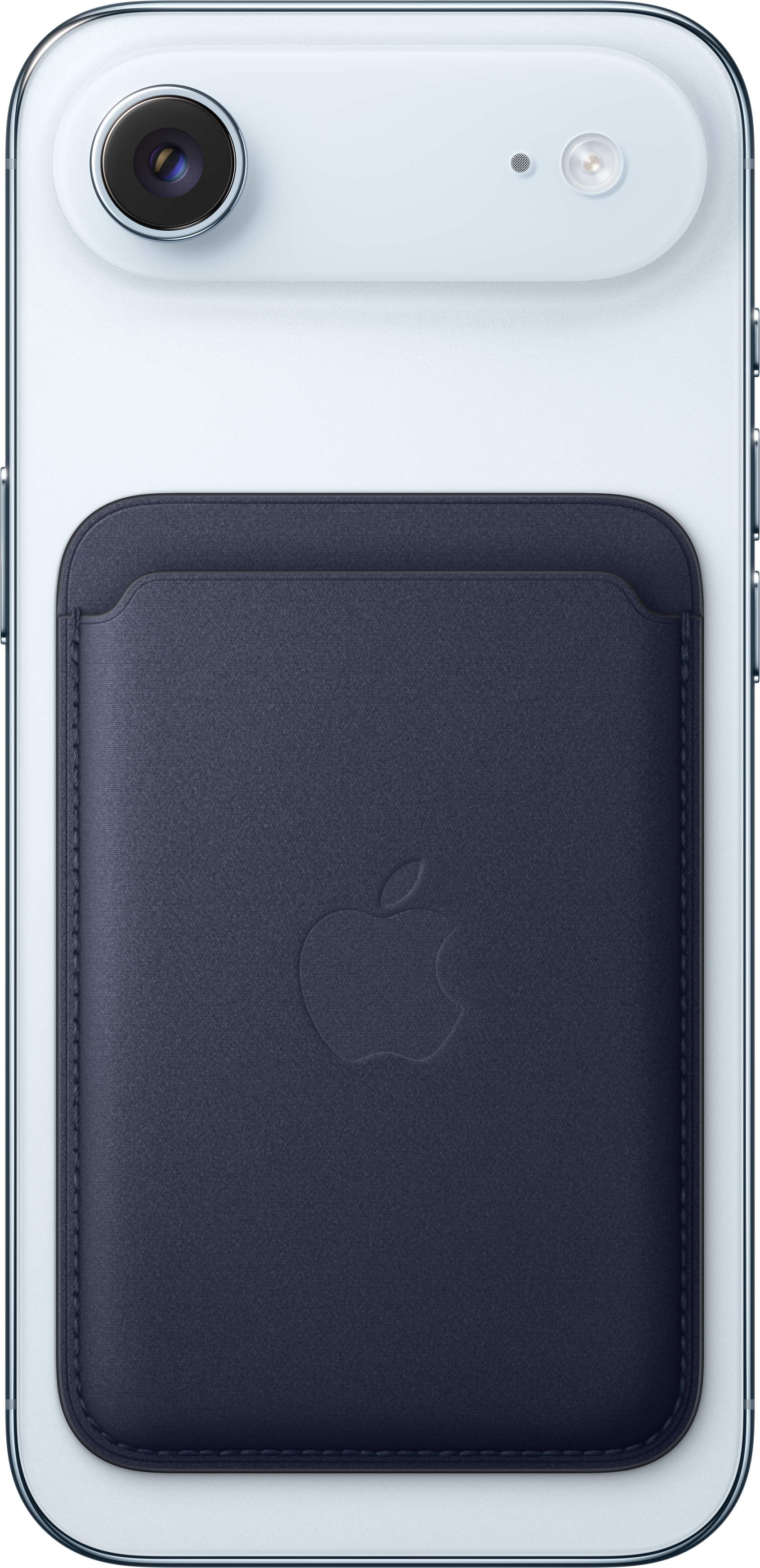 Retro di iPhone bianco con portafoglio blu navy. Il portafoglio ha un logo Apple e cuciture. Il telefono ha una fotocamera.