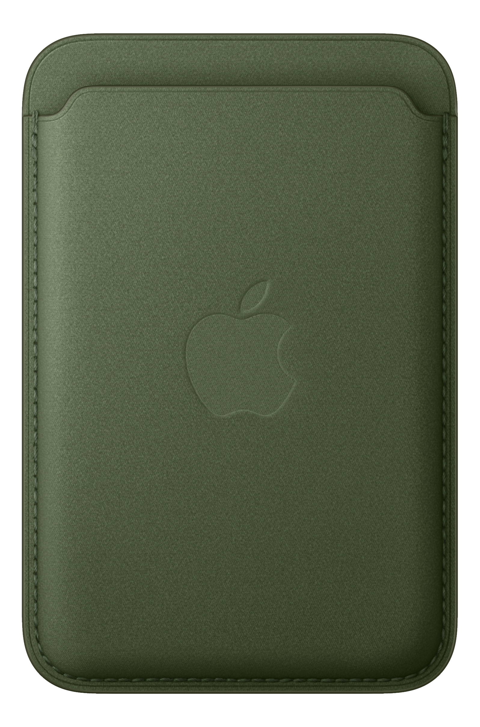 Custodia a portafoglio Apple in pelle verde oliva con logo Apple in rilievo. Il case ha un bordo cucito.