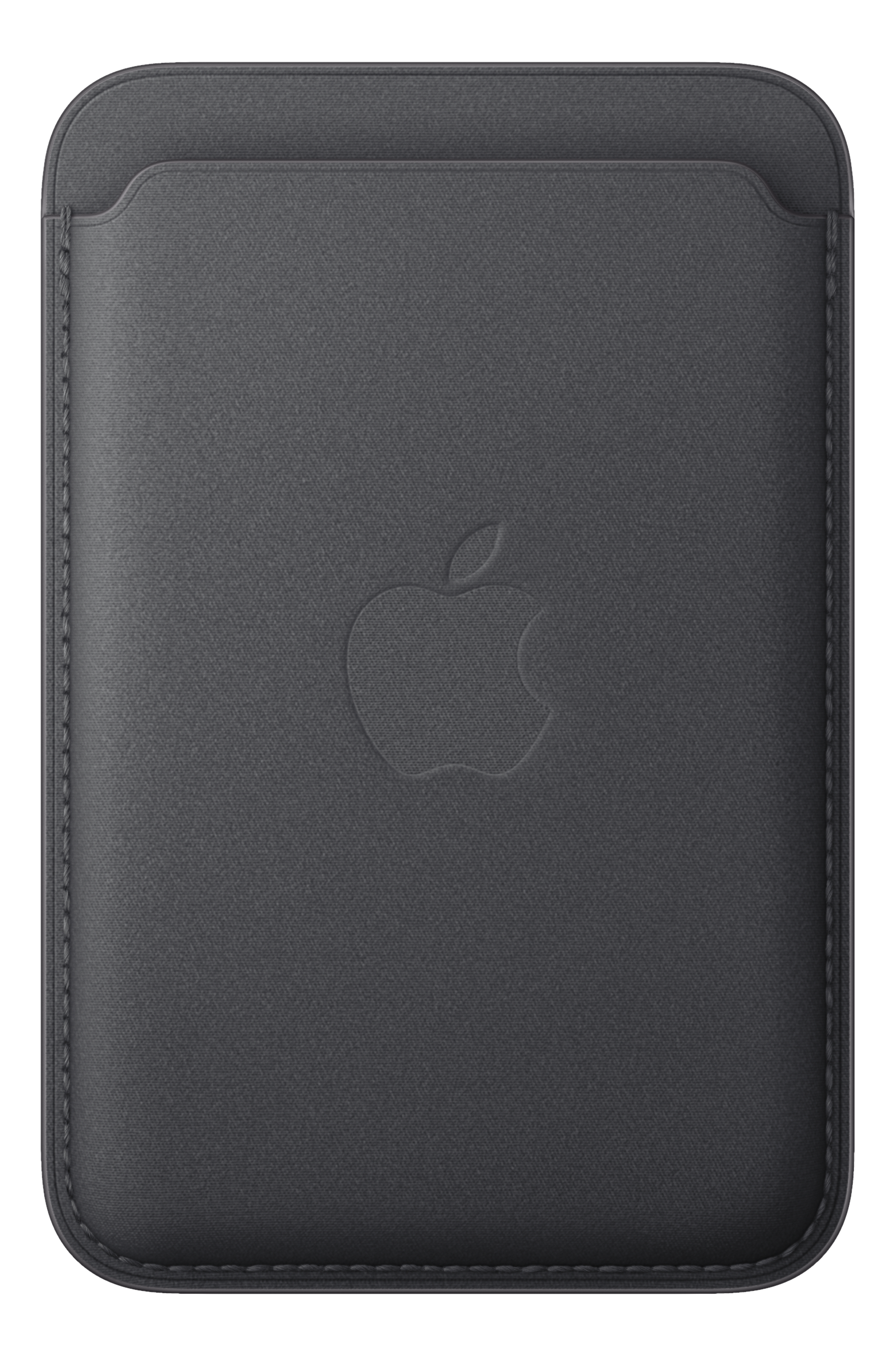 Un portafoglio Apple MagSafe grigio scuro. Ha il logo Apple in rilievo sul davanti. Lo sfondo è nero.