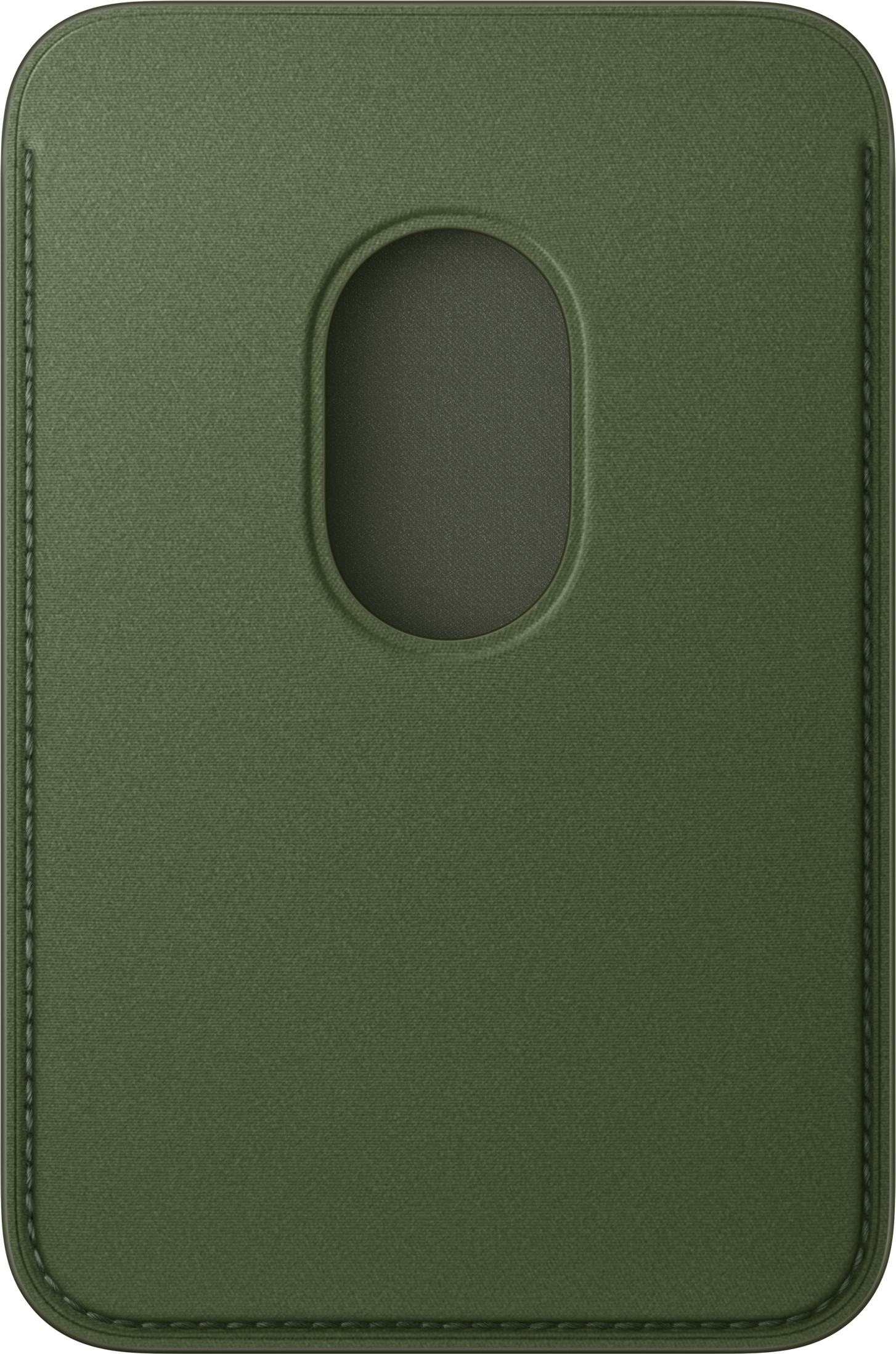 Una custodia per telefono verde oliva con un ritaglio ovale scuro al centro. La custodia ha cuciture sui bordi e una superficie strutturata.