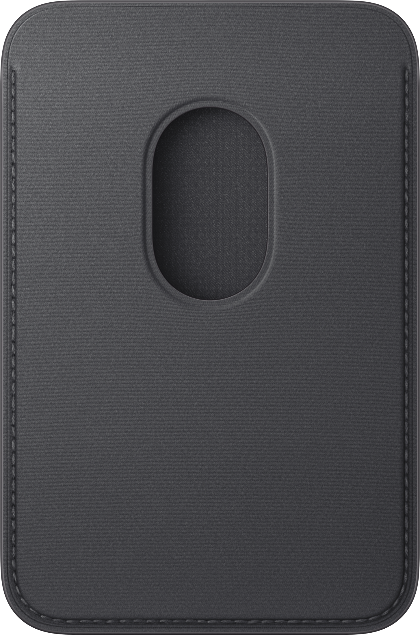 Un porta carte in pelle grigio scuro con un ritaglio ovale. Bordi cuciti e una sottile trama sono visibili.