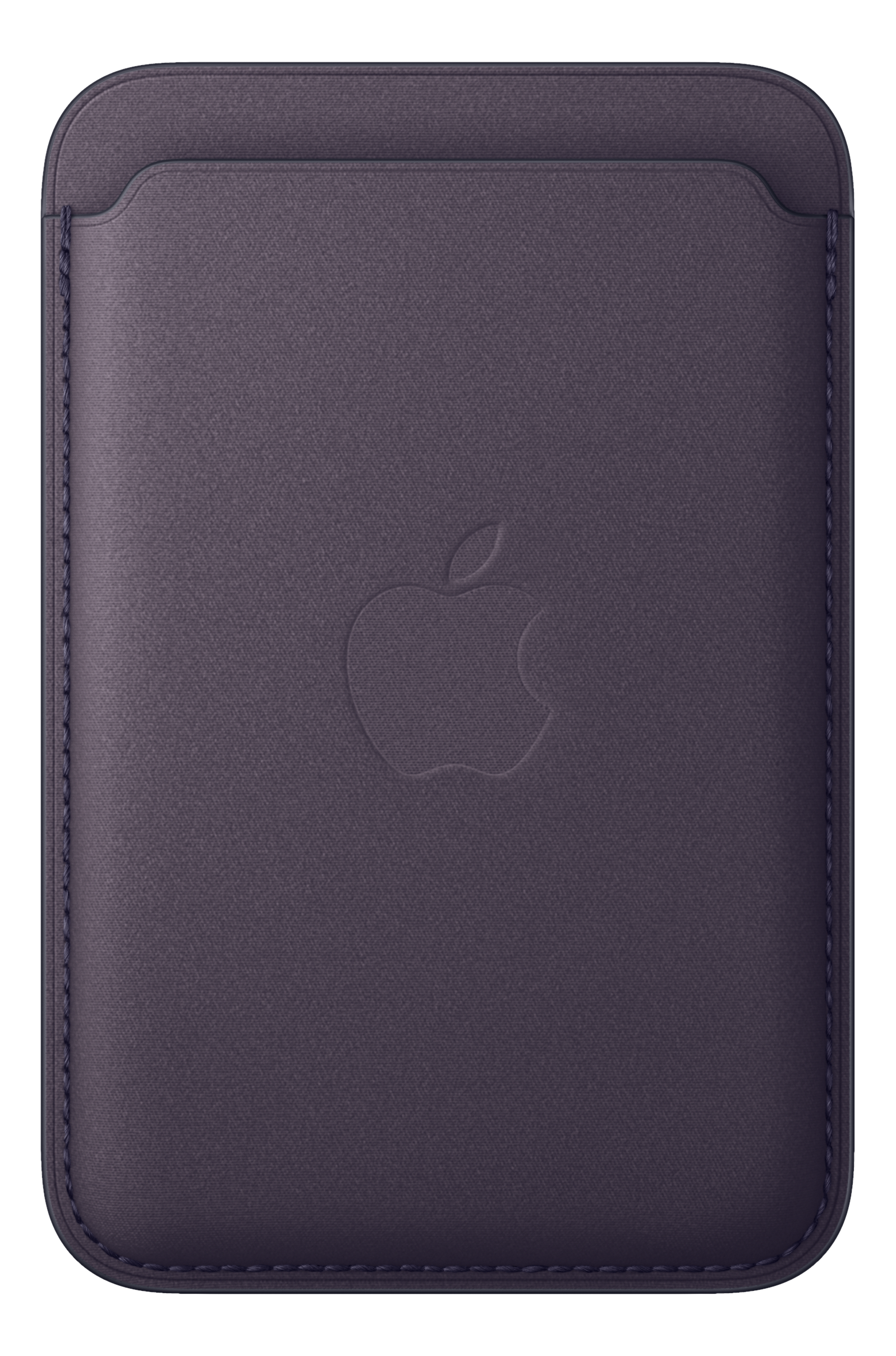 Portafoglio in pelle viola con logo Apple su sfondo nero. Cuciture visibili e fessura per carte.