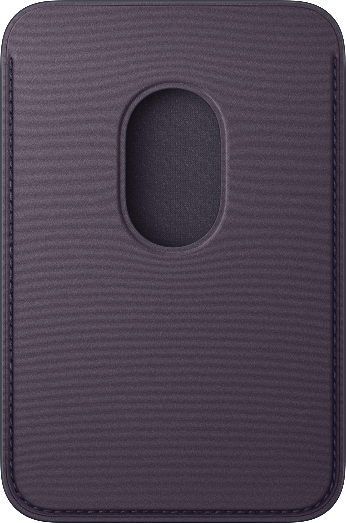 Una custodia per telefono rettangolare viola scuro con bordo cucito e un ritaglio ovale centrale.