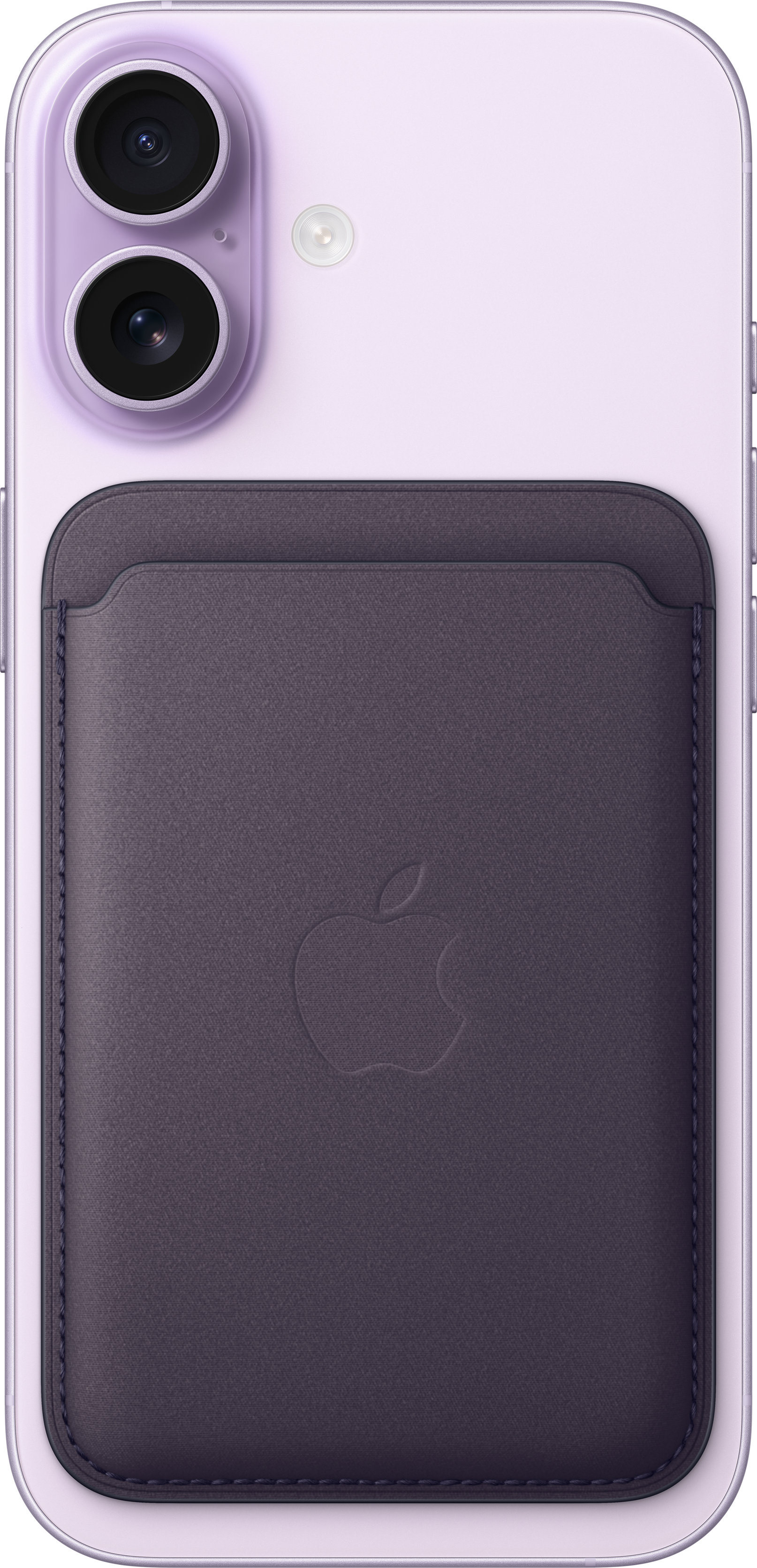iPhone 11 viola con un portafoglio in pelle grigio scuro. Il portafoglio ha il logo Apple in rilievo.