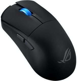 Schwarze, kabellose Computermaus mit blauem Scrollrad und beleuchtetem Logo.