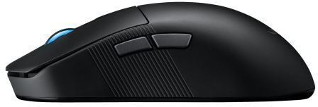 Eine schwarze Computermaus mit zwei Seitentasten, strukturierter Grifffläche und einem blauen Scrollrad. Die Maus ist auf weißem Hintergrund.