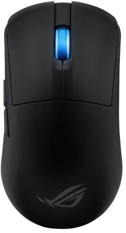Schwarze Computermaus mit blau leuchtendem Scrollrad. Das ROG-Logo ist unten sichtbar.