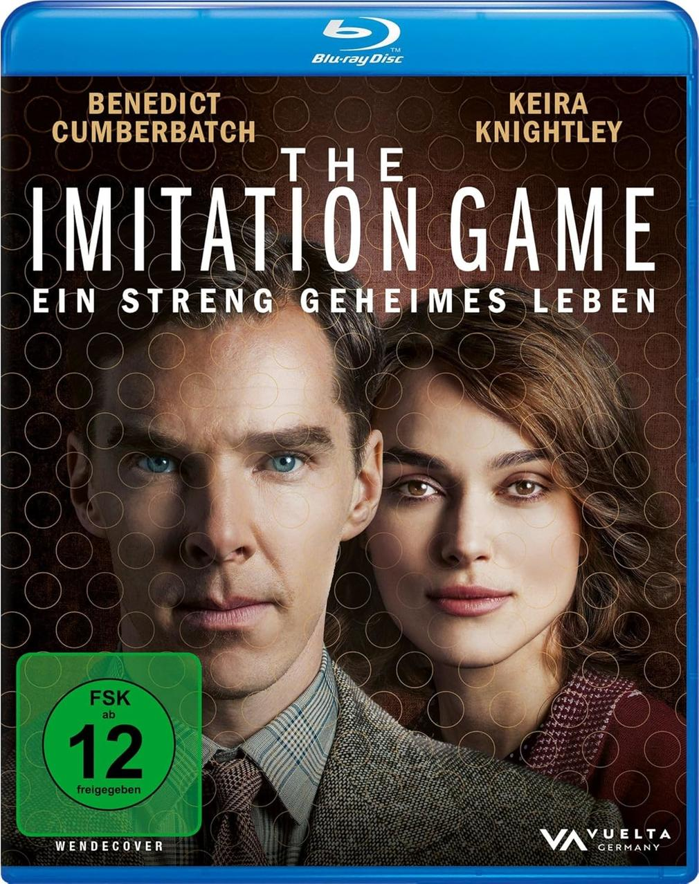 Filmcover mit Benedict Cumberbatch und Keira Knightley. Titel: The Imitation Game. Blu-ray Disc. FSK 12 Bewertung.