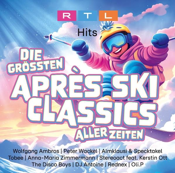 Albumcover mit Cartoon-Skifahrer, Titel 'Après Ski Classics' und Künstlernamen. Das RTL-Logo ist oben.