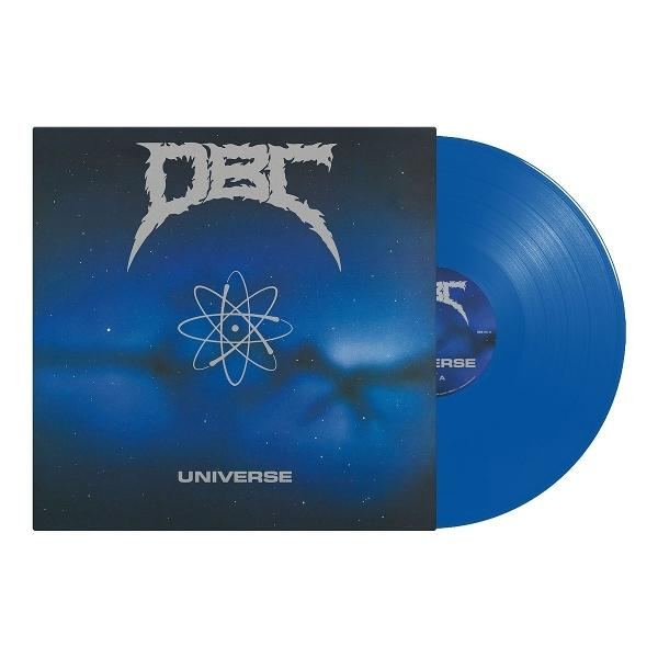 Eine blaue Schallplatte mit einem Plattencover, das einen Atomkern und den Titel "UNIVERSE" zeigt.