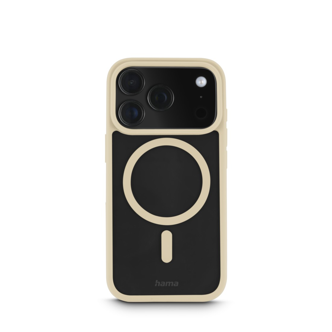 Eine iPhone-Hülle mit schwarzer Rückseite, einem Kreis und einer Linie. Sie hat eine Kameraausbuchtung mit drei Linsen und einem Blitz.