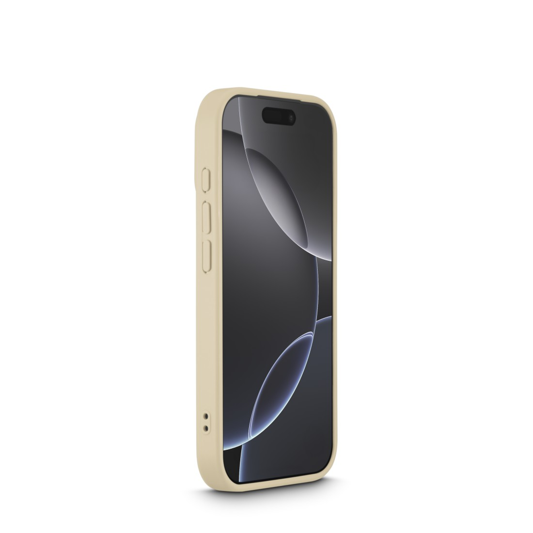 Eine beige Handyhülle bedeckt ein Smartphone. Der Bildschirm zeigt ein dunkles, abstraktes Design vor weißem Hintergrund.