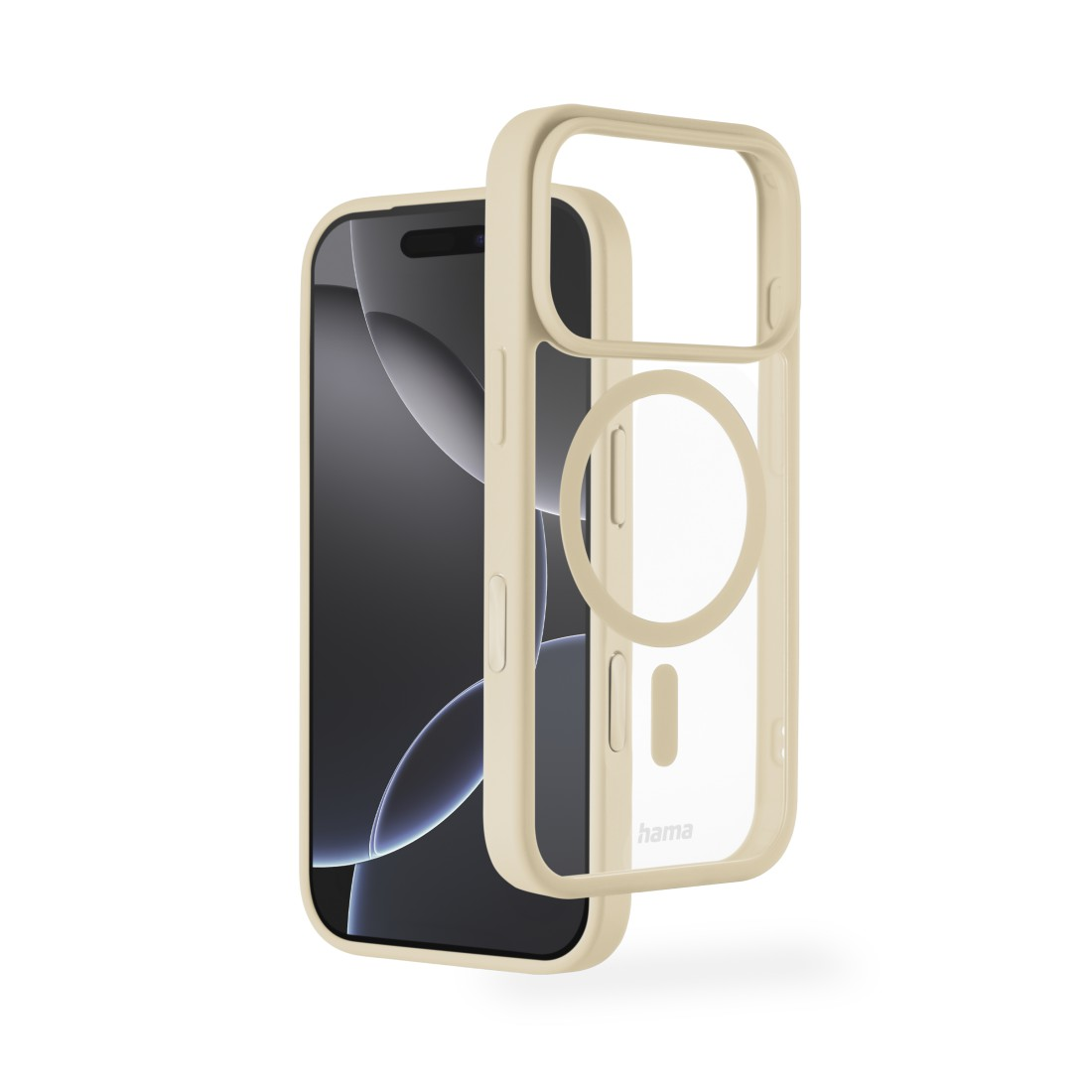 Ein iPhone mit cremefarbener Handyhülle. Die Hülle ist teilweise abgenommen und zeigt den Bildschirm des Telefons. Die Hülle hat eine klare Rückseite.