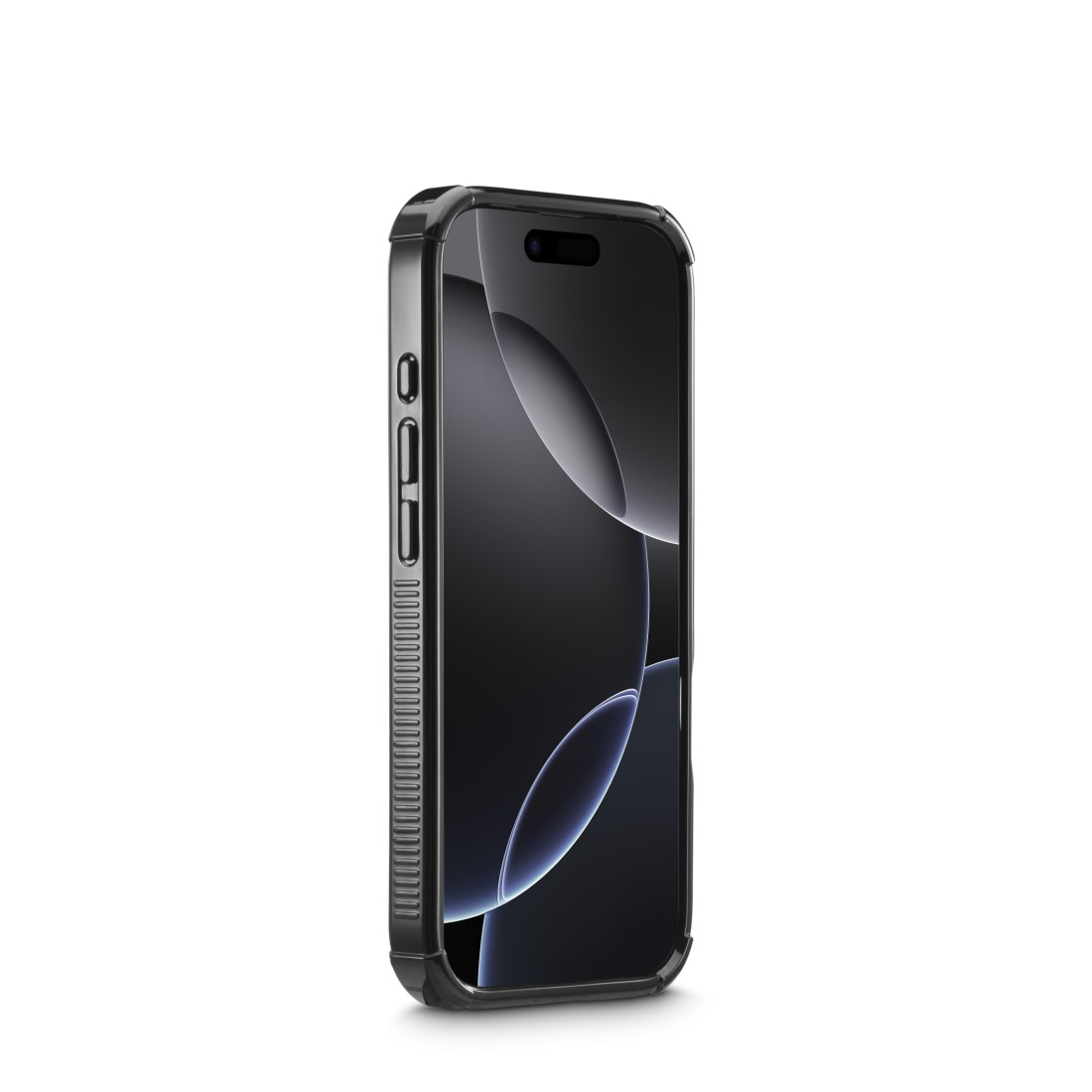 Ein schwarzes Smartphone in einer transparenten Hülle, leicht nach links geneigt, vor weißem Hintergrund. Der Bildschirm zeigt ein Kurvendesign.