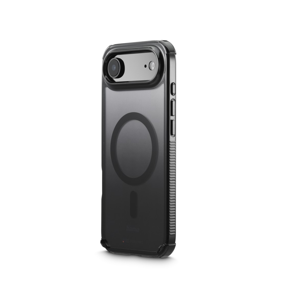 Eine schwarze Smartphone-Hülle mit Kameraausschnitt und kreisförmigem Design, einschließlich eines Rings und eines unteren vertikalen Rechtecks.
