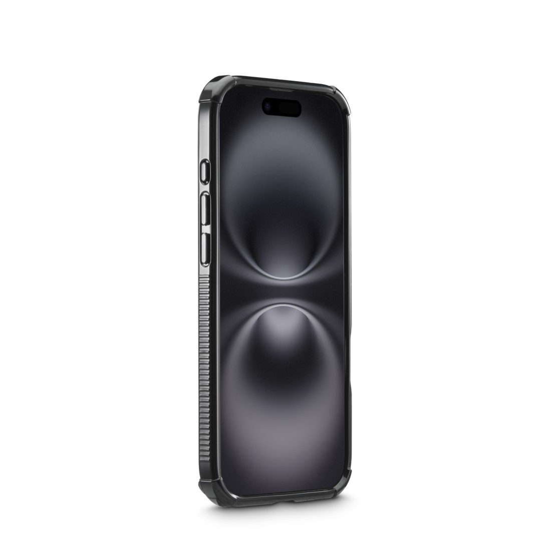 Ein schwarzes Smartphone in einer durchsichtigen Hülle vor weißem Hintergrund. Der Bildschirm zeigt ein dunkles, abstraktes Design.