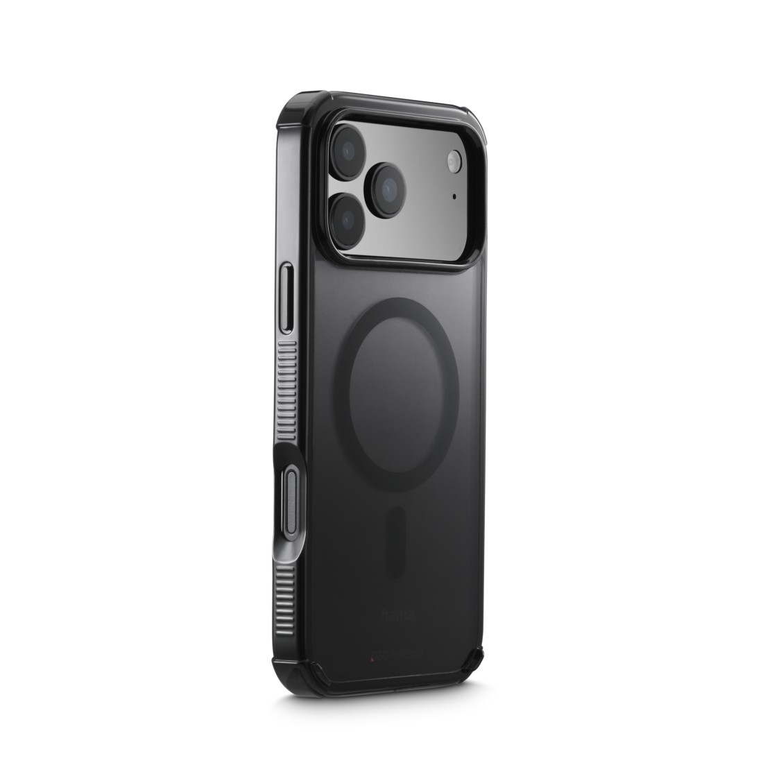 Eine schwarze iPhone-Hülle mit Kameraausschnitten und einem Magnetkreis. Die Hülle ist transparent und zeigt die Rückseite des Telefons.