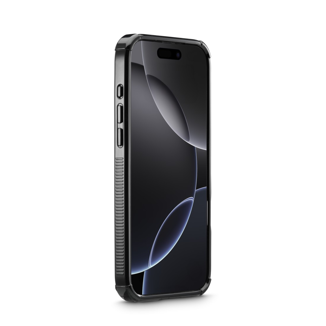 Ein schwarzes Smartphone mit Schutzhülle. Das Telefon ist leicht angewinkelt. Der Bildschirm ist dunkel mit einem kreisförmigen Design.