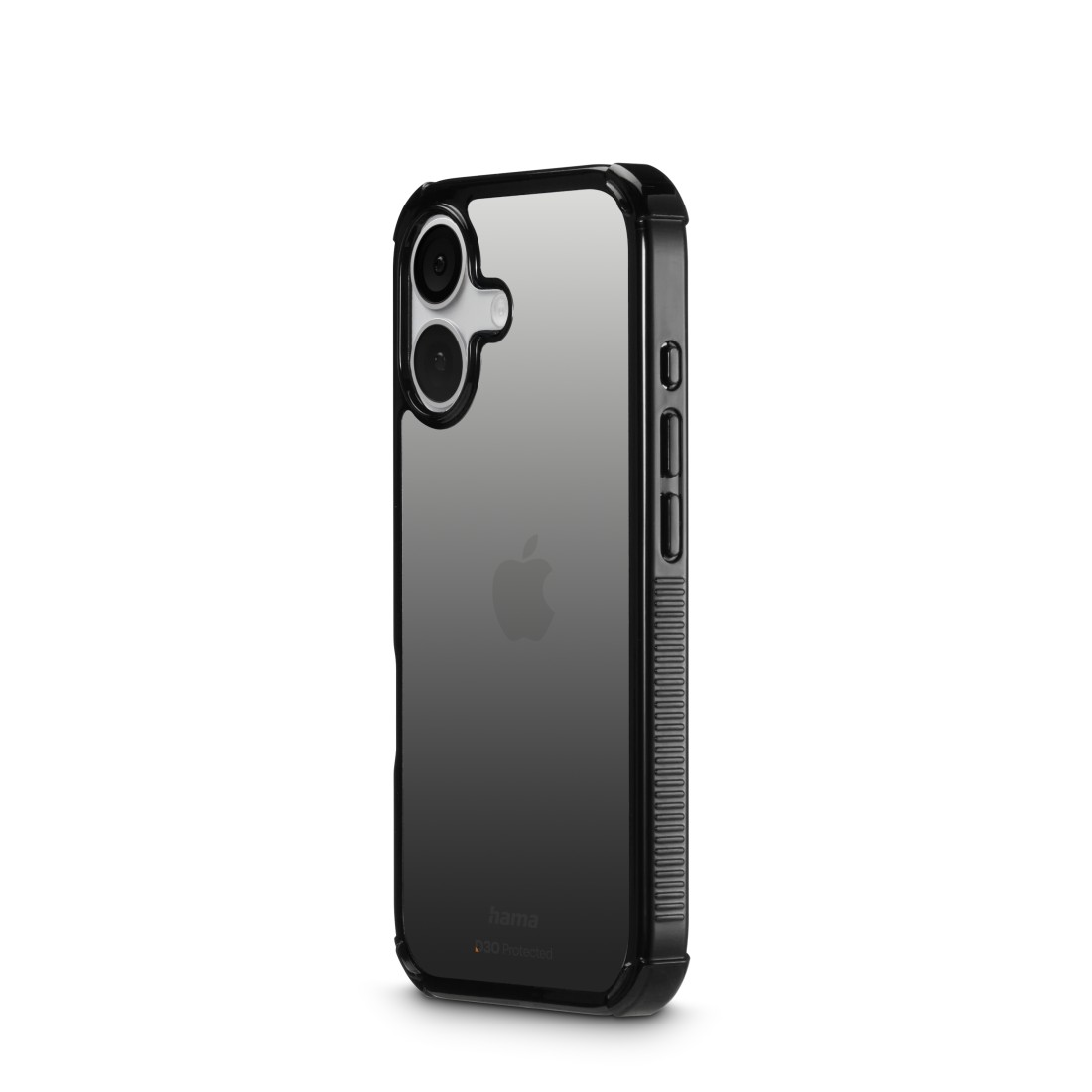 Eine schwarze Handyhülle mit transparentem Rücken, die ein Apple-Logo zeigt. Die Hülle hat einen schwarzen Rahmen und Knöpfe.