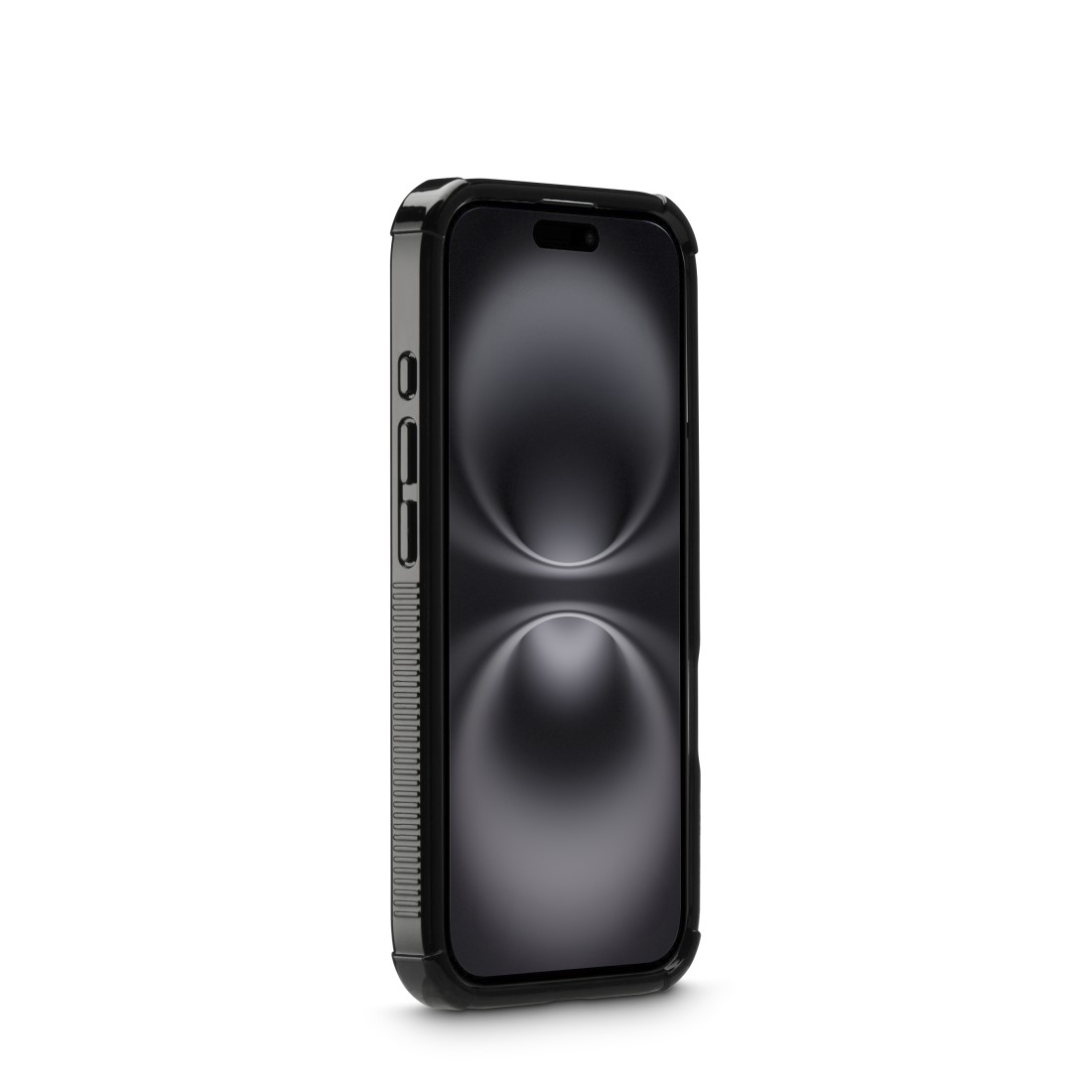 Ein schwarzes Smartphone mit Schutzhülle steht aufrecht vor weißem Hintergrund. Der Bildschirm ist dunkel und glänzend.