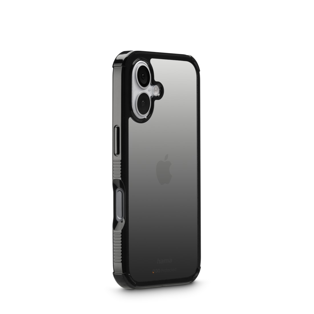 Ein iPhone in einer schwarzen und transparenten Hülle. Die Hülle schützt die Rückseite und die Ränder des Telefons. Das Apple-Logo ist sichtbar.