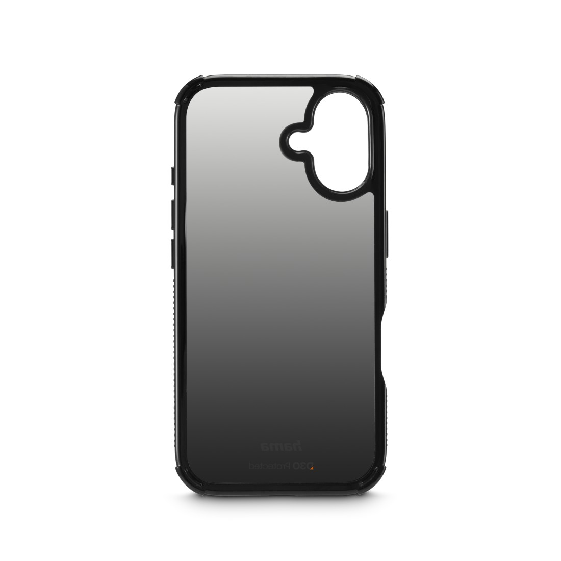 Eine transparente Handyhülle mit schwarzem Rahmen und Farbverlauf von transparent zu schwarz. Die Hülle hat einen Kameraausschnitt und ein Logo.