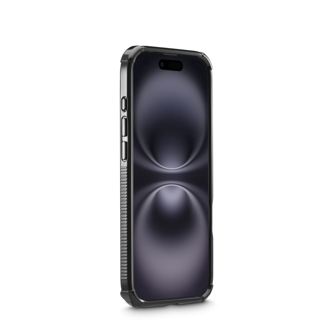 Ein schwarzes Smartphone in einer transparenten Hülle vor weißem Hintergrund. Der Bildschirm zeigt ein dunkles Wirbelmuster.
