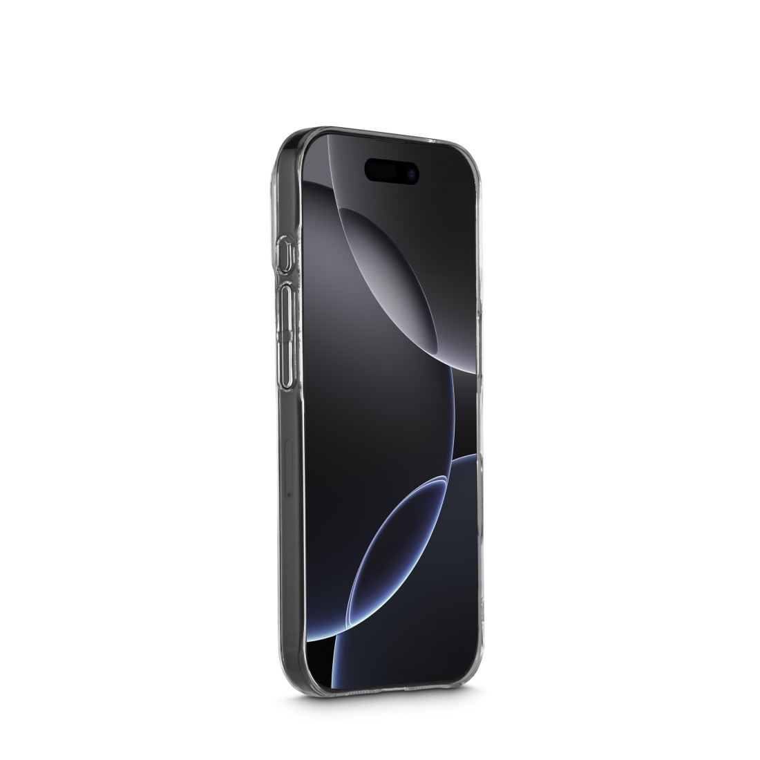 Ein Smartphone in einer transparenten Hülle. Der Bildschirm zeigt dunkle, abstrakte Formen. Die Hülle hat Knöpfe an der Seite. Der Hintergrund ist weiß.