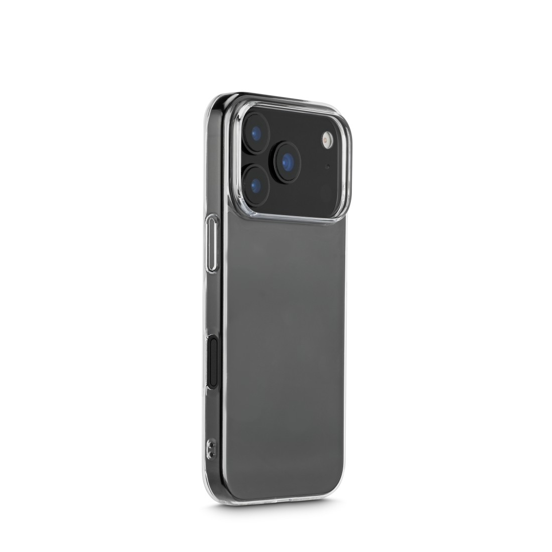 Ein Smartphone in einer transparenten Hülle. Die Rückseite des Telefons hat drei Kameralinsen. Die Hülle ist klar und zeigt die dunkelgraue Oberfläche des Telefons.