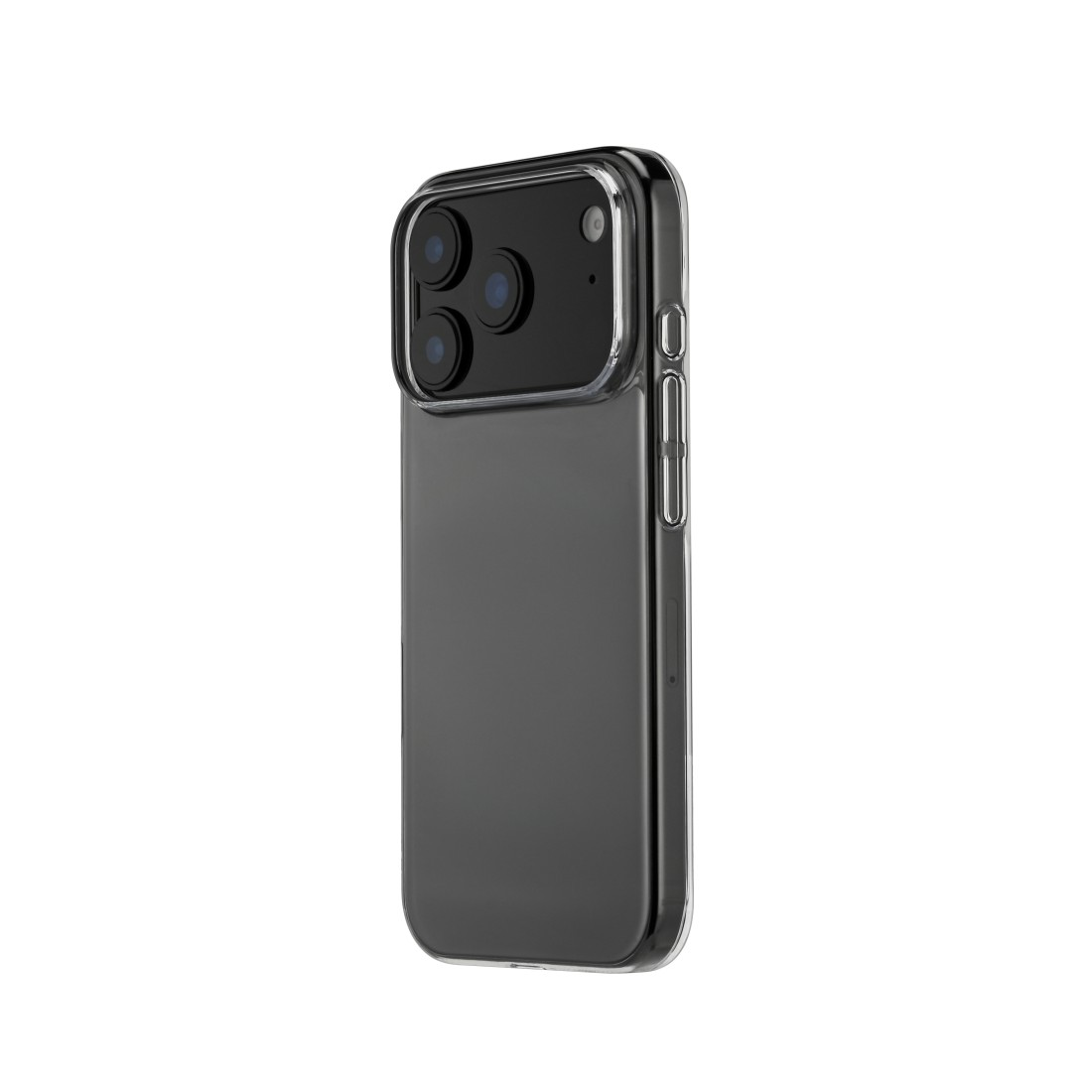 Ein Smartphone in einer transparenten Hülle. Das Telefon hat drei Kameras auf der Rückseite. Die H ülle ist leicht getönt.