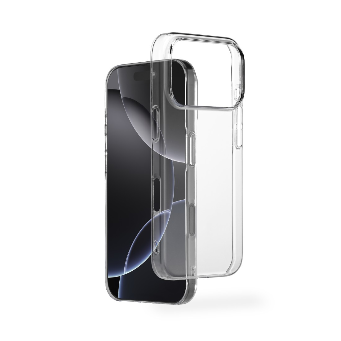 Ein Smartphone mit klarer Schutzhülle, die das Telefon teilweise bedeckt. Der Bildschirm zeigt ein dunkles, abstraktes Design. Weißer Hintergrund.