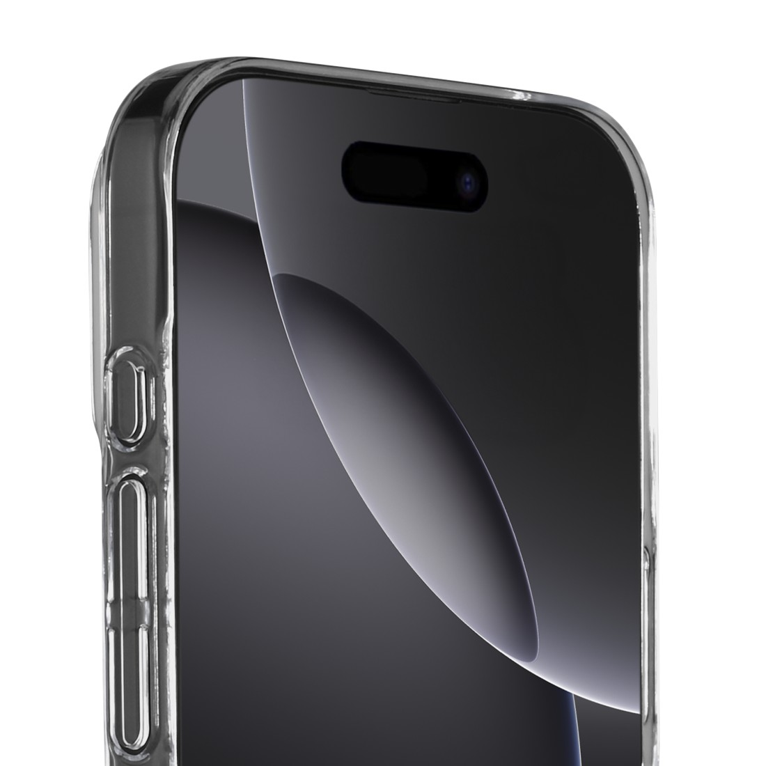 Nahaufnahme einer transparenten Handyhülle auf einem schwarzen Smartphone. Details umfassen Tasten und Kameraausschnitt. Weißer Hintergrund.