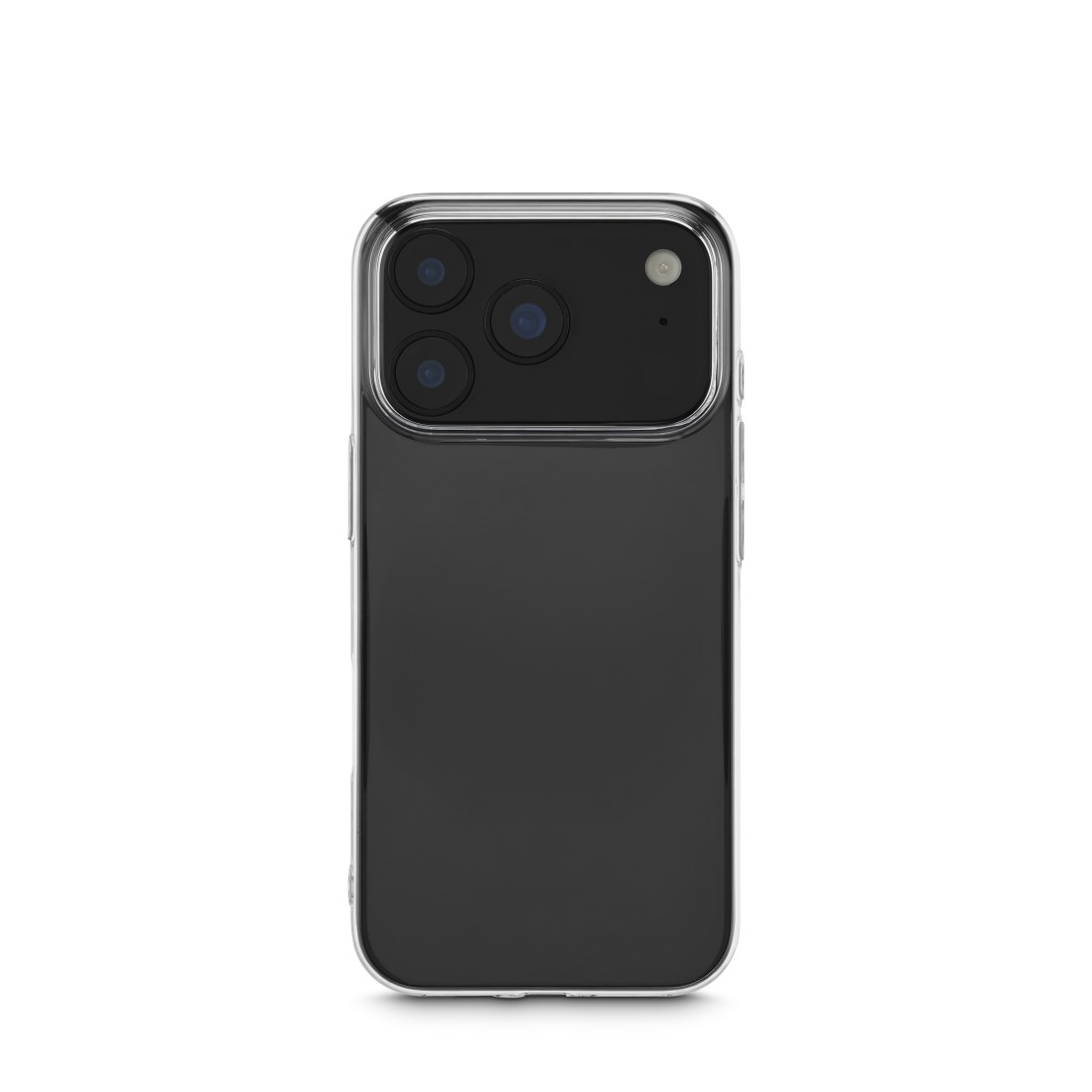Ein schwarzes Smartphone mit drei Kameralinsen und einem Blitz auf weißem Hintergrund, umhüllt von einer transparenten Schutzhülle.