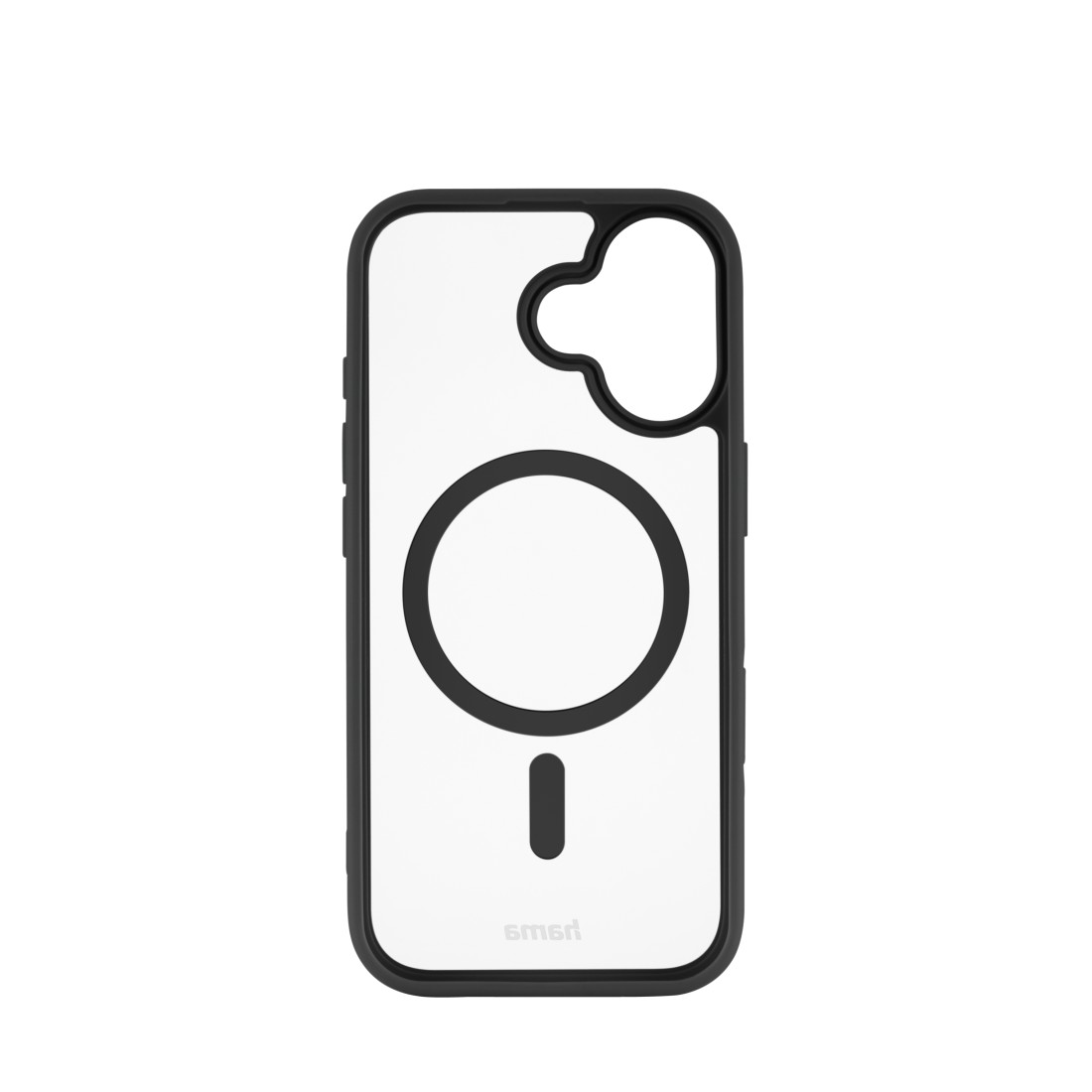 Eine transparente Handyhülle mit schwarzem Rahmen. Sie hat ein kreisförmiges Design für MagSafe und den Markennamen unten.