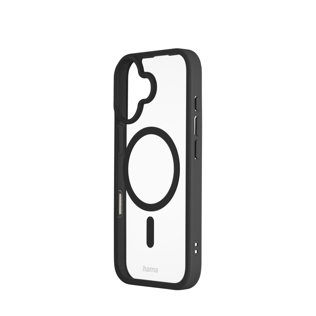 Eine transparente Handyhülle mit schwarzem Rahmen und kreisförmiger Öffnung. Das 'hama'-Logo ist unten sichtbar.