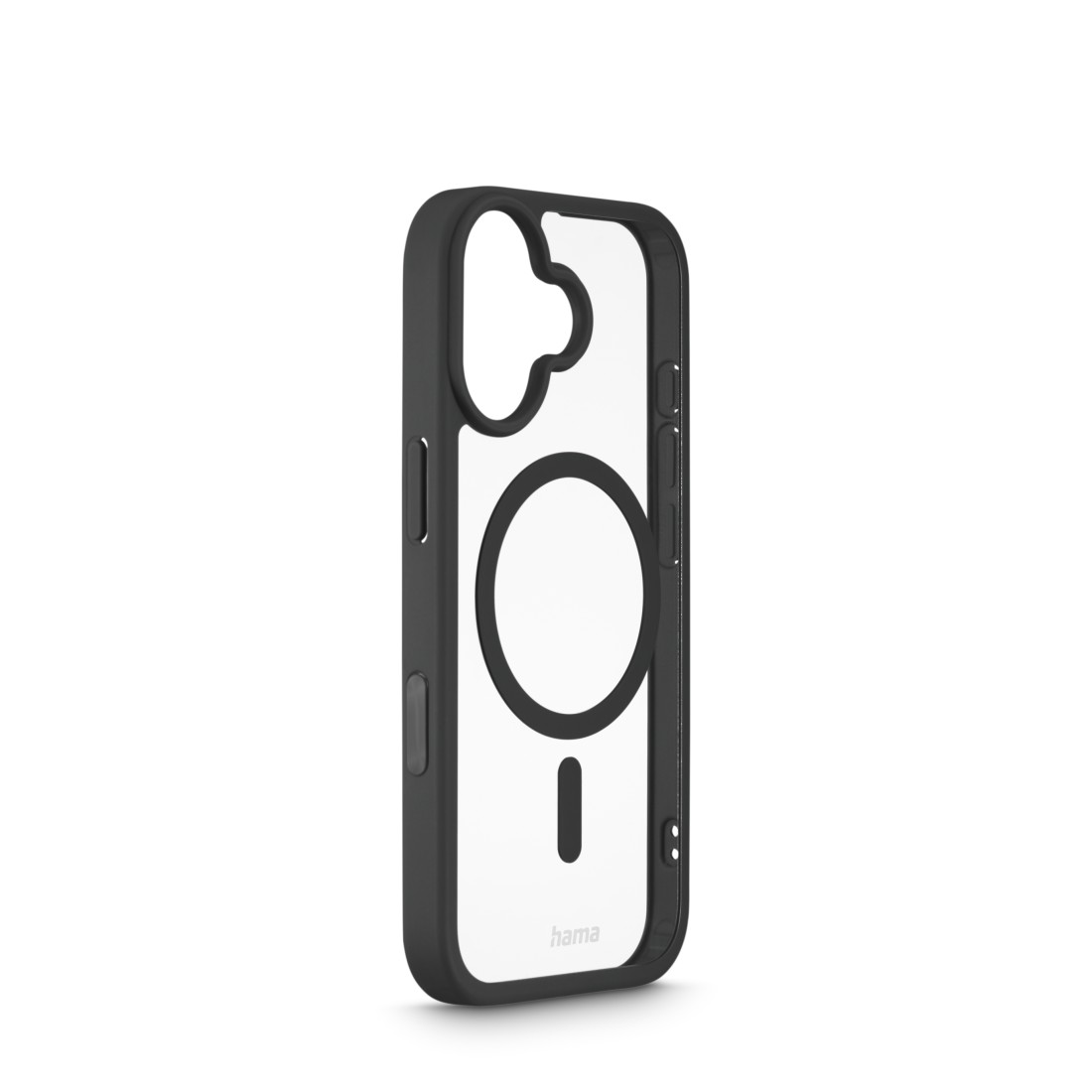 Eine schwarz-transparente Handyhülle mit einem kreisförmigen Ausschnitt für ein magnetisches Ladegerät, vor weißem Hintergrund. Markenname: 'hama'.