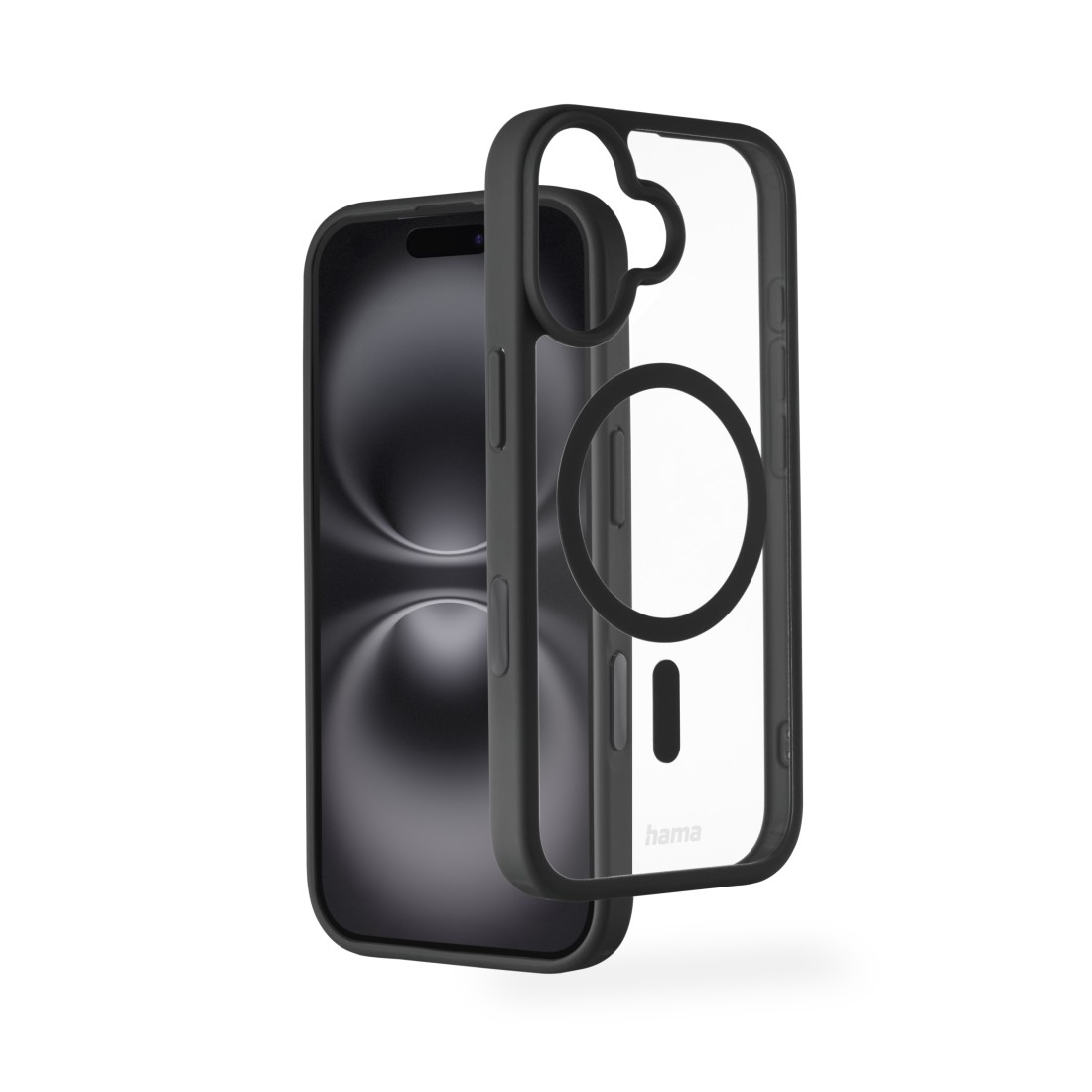 Ein iPhone mit schwarzem Gehäuse und transparentem Gehäuse. Das schwarze Gehäuse umgibt das Telefon, das transparente daneben.